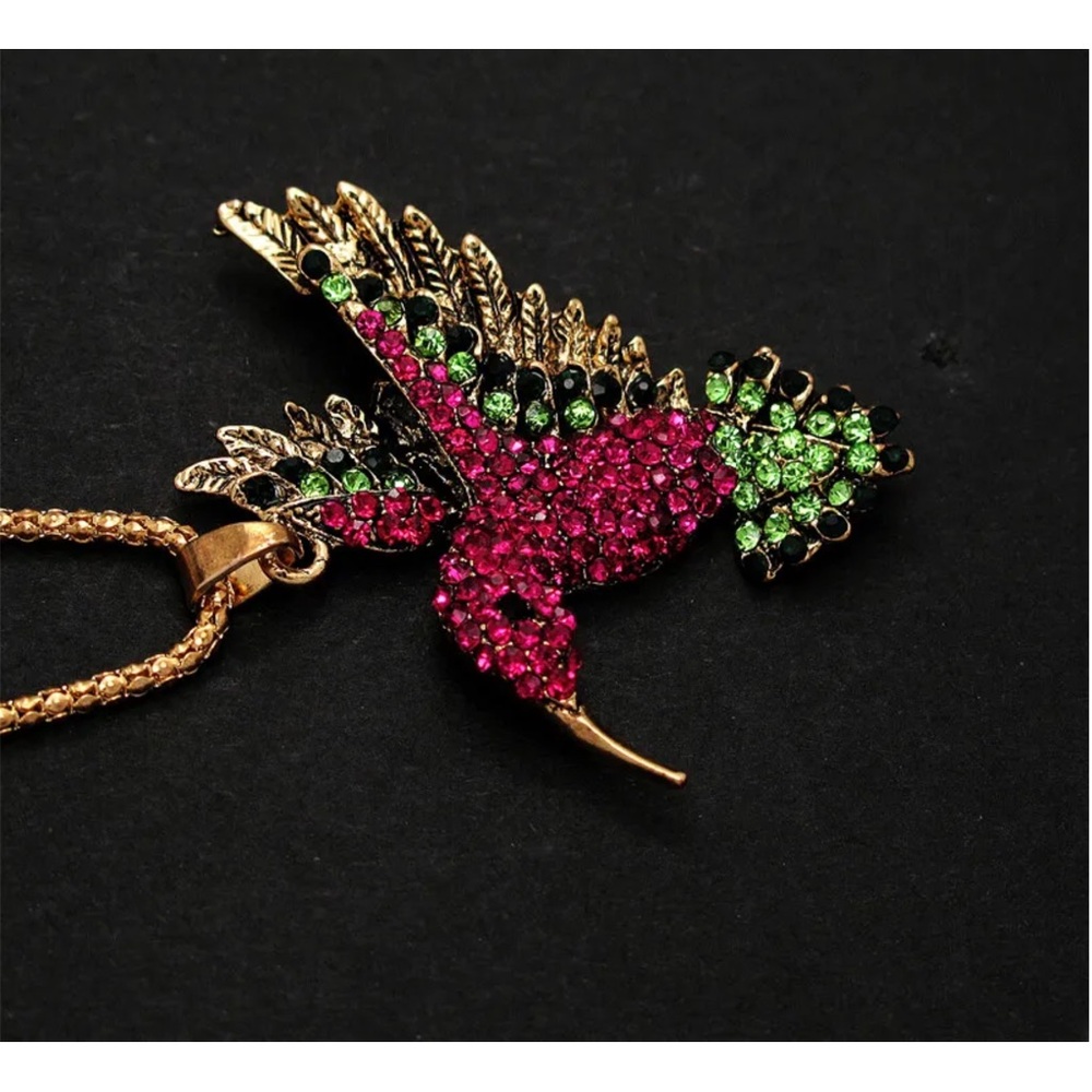 Betsey Johnson pink green hummingbird necklace brooch goldtone - Picture 2 of 3